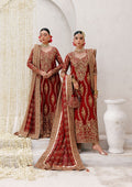 "Mirha Collections Aik Wedding Festive Look B2501 luxury three-piece Pakistani designer suit. Full-length presentation showcasing the heavily embroidered formal shirt elegantly styled with matching premium festive bottoms and a draped luxury dupatta."