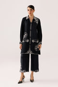 "Mirha Collections Qalamkar QEC-02 Ana luxury embroidered stitched three-piece suit. Full-length front view featuring tailored shirt, designer dupatta, and trousers."