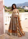 "Mirha Collections Kanwal Malik Merna luxury three-piece Pakistani designer suit. Full-length presentation showcasing a sophisticated pastel embroidered straight shirt beautifully paired with matching tailored silk trousers and an elegant coordinated dupatta."