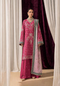 "Mirha Collections Aik Shaam Look B2606 three-piece Pakistani designer suit. Full-length presentation featuring a heavily embroidered dark evening formal shirt paired with tailored silk trousers and an embellished luxury dupatta."