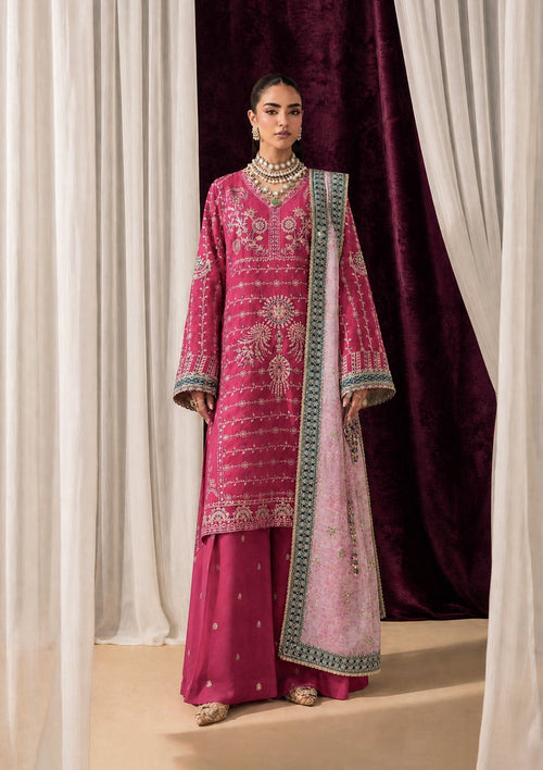 "Mirha Collections Aik Shaam Look B2606 three-piece Pakistani designer suit. Full-length presentation featuring a heavily embroidered dark evening formal shirt paired with tailored silk trousers and an embellished luxury dupatta."