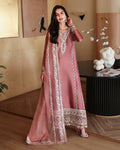 "Mirha Collections Mushq Rowa luxury embroidered stitched three-piece suit. Full-length front view featuring tailored shirt, designer dupatta, and trousers."