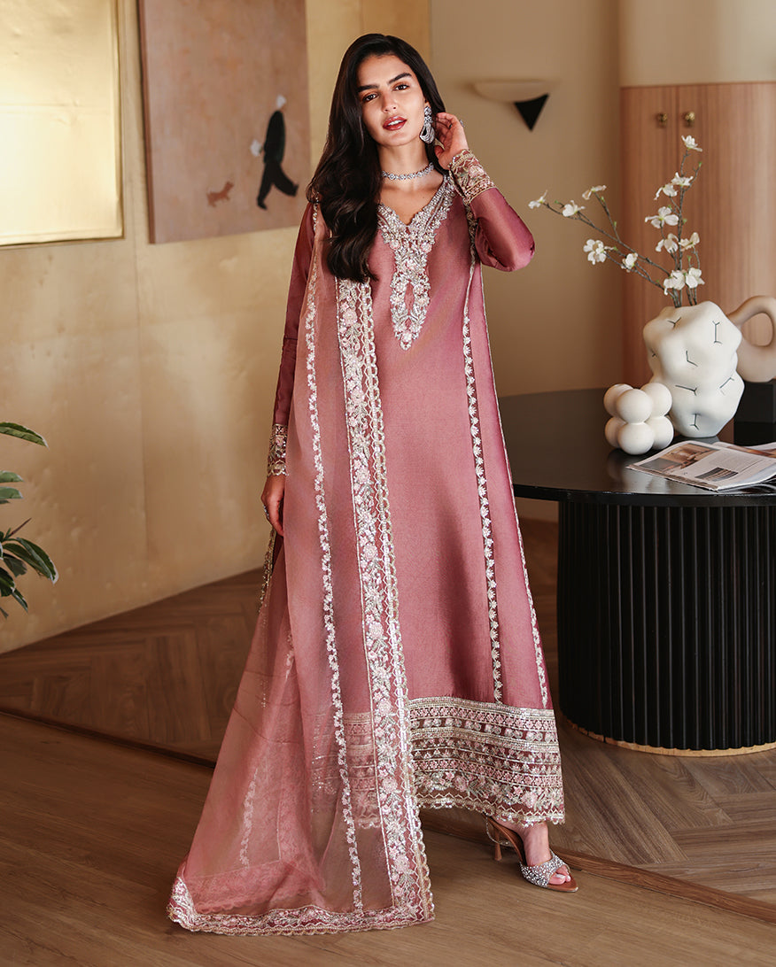 "Mirha Collections Mushq Rowa luxury embroidered stitched three-piece suit. Full-length front view featuring tailored shirt, designer dupatta, and trousers."