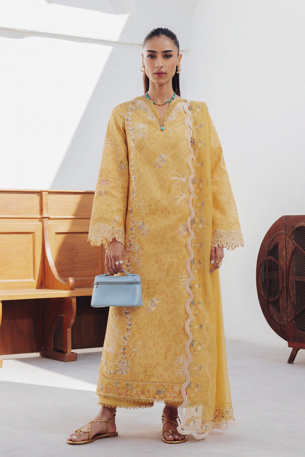 "Mirha Collections Qalamkar QBP-06 CLARA luxury embroidered stitched three-piece suit. Full-length front view featuring tailored shirt, designer dupatta, and trousers."