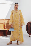 "Mirha Collections Qalamkar QBP-06 CLARA luxury embroidered stitched three-piece suit. Full-length front view featuring tailored shirt, designer dupatta, and trousers."