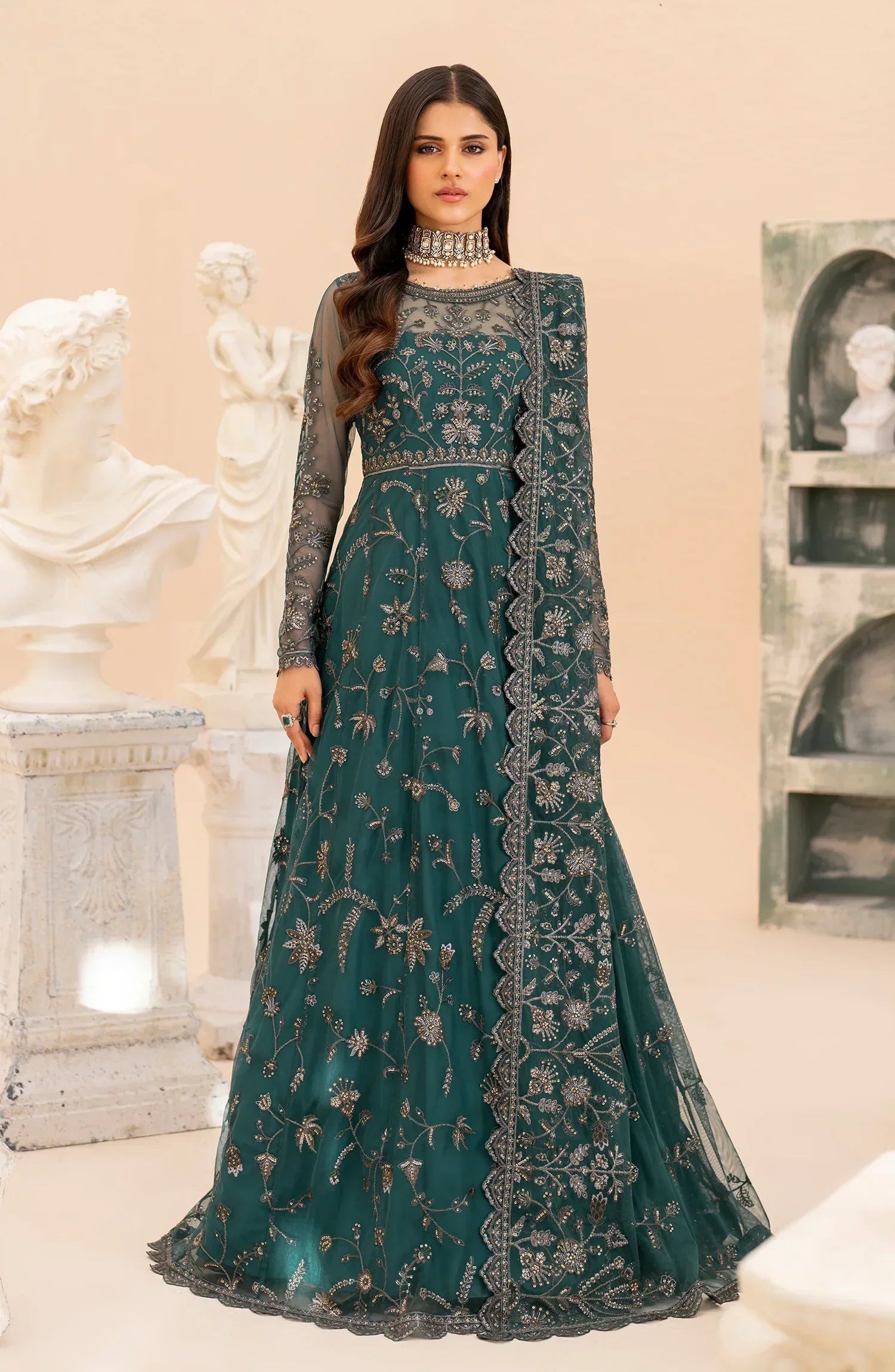 "Mirha Collections Zarif ZMU 07 ZAYB luxury embroidered stitched three-piece suit. Full-length front view featuring tailored shirt, designer dupatta, and trousers."