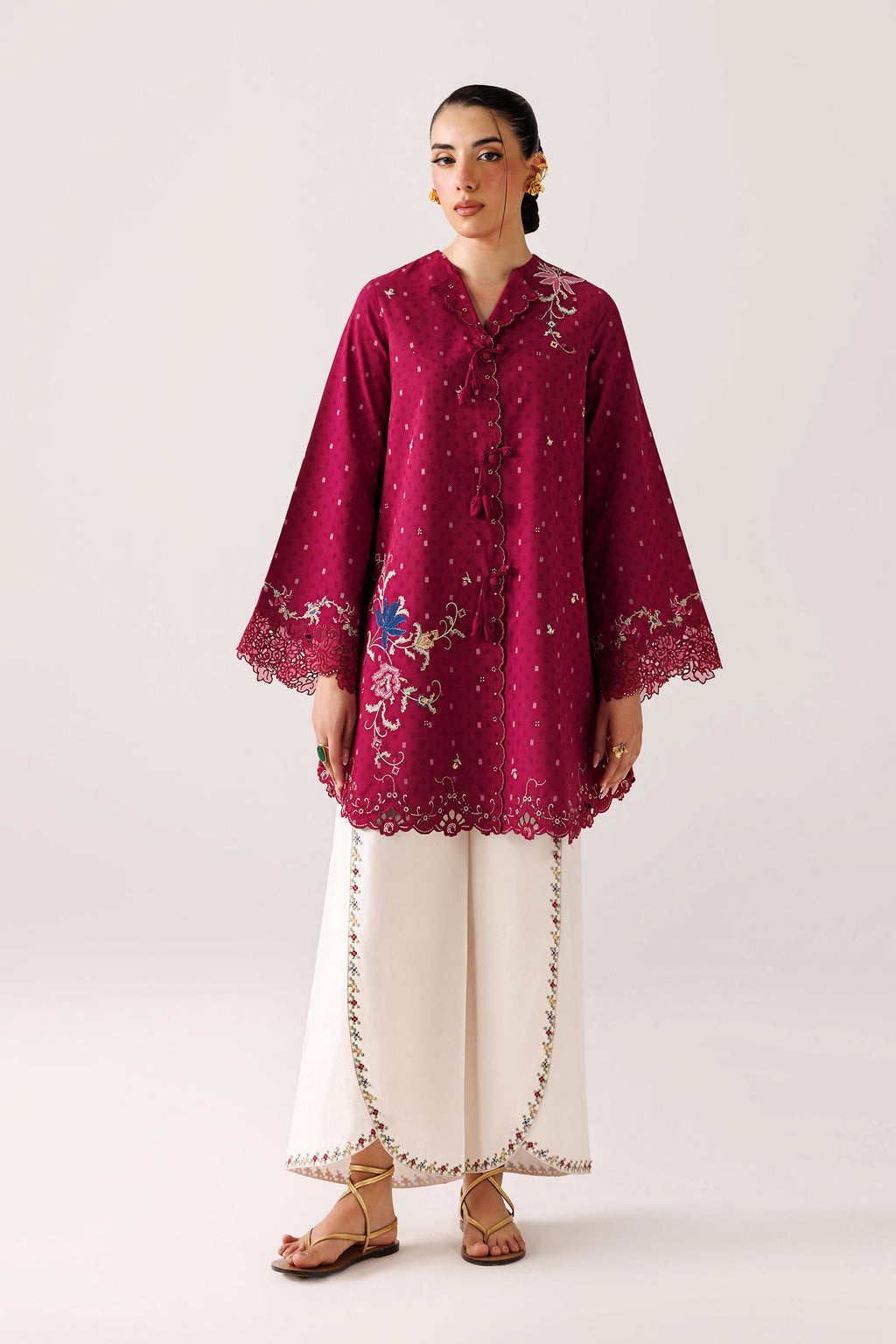 "Mirha Collections Qalamkar QEC-04 Alize luxury embroidered stitched three-piece suit. Full-length front view featuring tailored shirt, designer dupatta, and trousers."