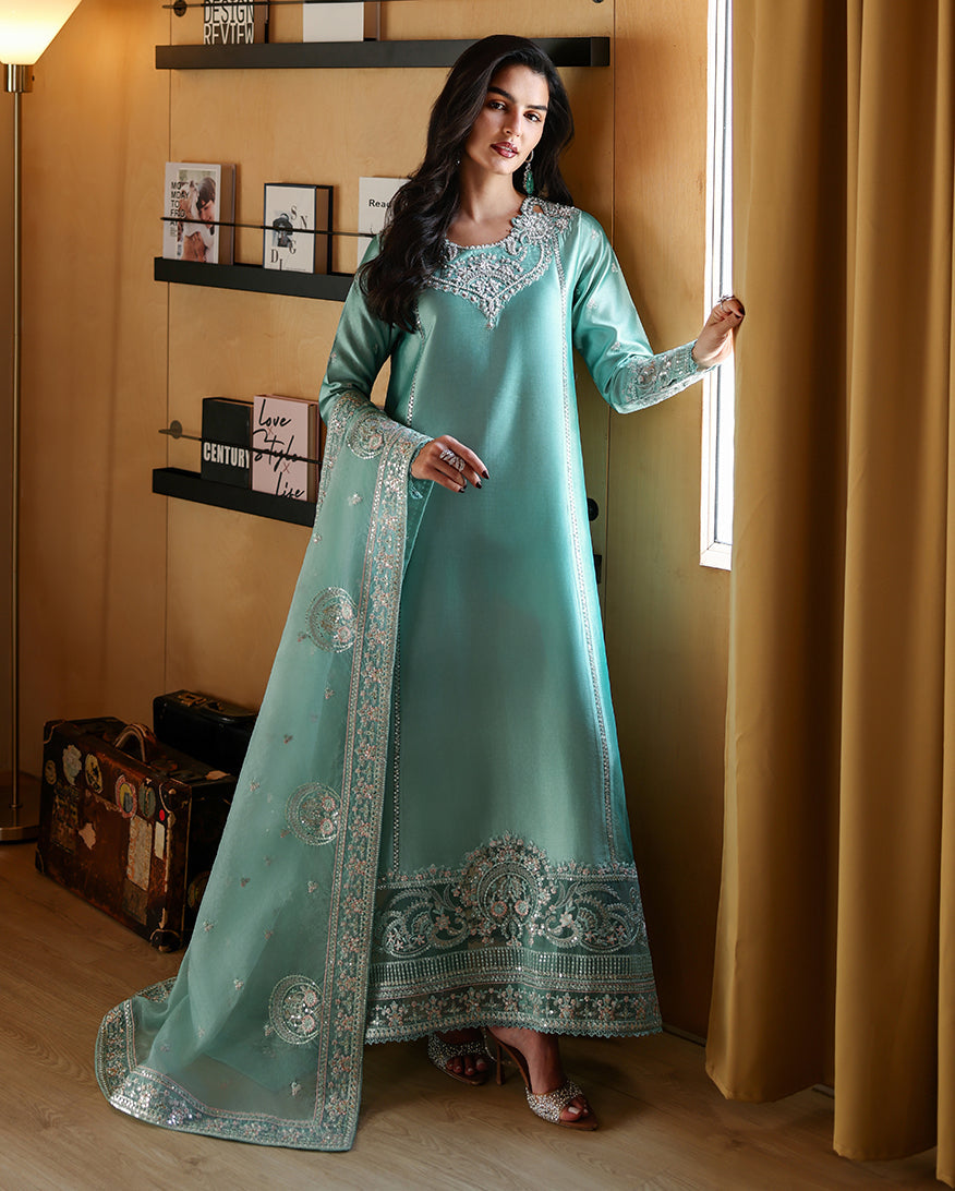 "Mirha Collections Mushq Neyla luxury embroidered stitched three-piece suit. Full-length front view featuring tailored shirt, designer dupatta, and trousers."