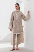 "Mirha Collections Qalamkar QBP-08 ELKE luxury embroidered stitched three-piece suit. Full-length front view featuring tailored shirt, designer dupatta, and trousers."