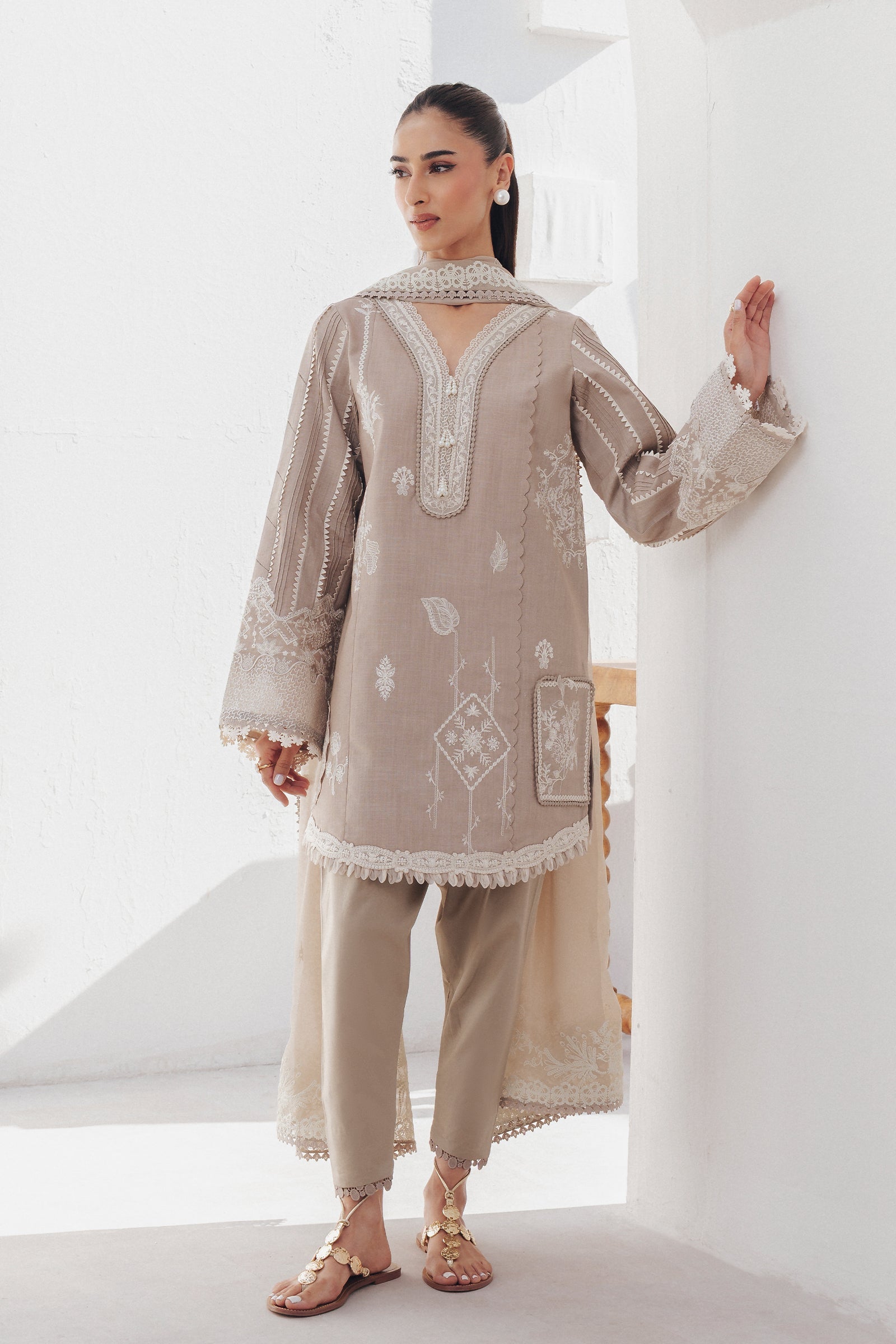 "Mirha Collections Qalamkar QBP-08 ELKE luxury embroidered stitched three-piece suit. Full-length front view featuring tailored shirt, designer dupatta, and trousers."