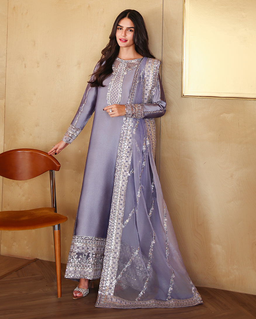 "Mirha Collections Mushq Aysel luxury embroidered stitched three-piece suit. Full-length front view featuring tailored shirt, designer dupatta, and trousers."