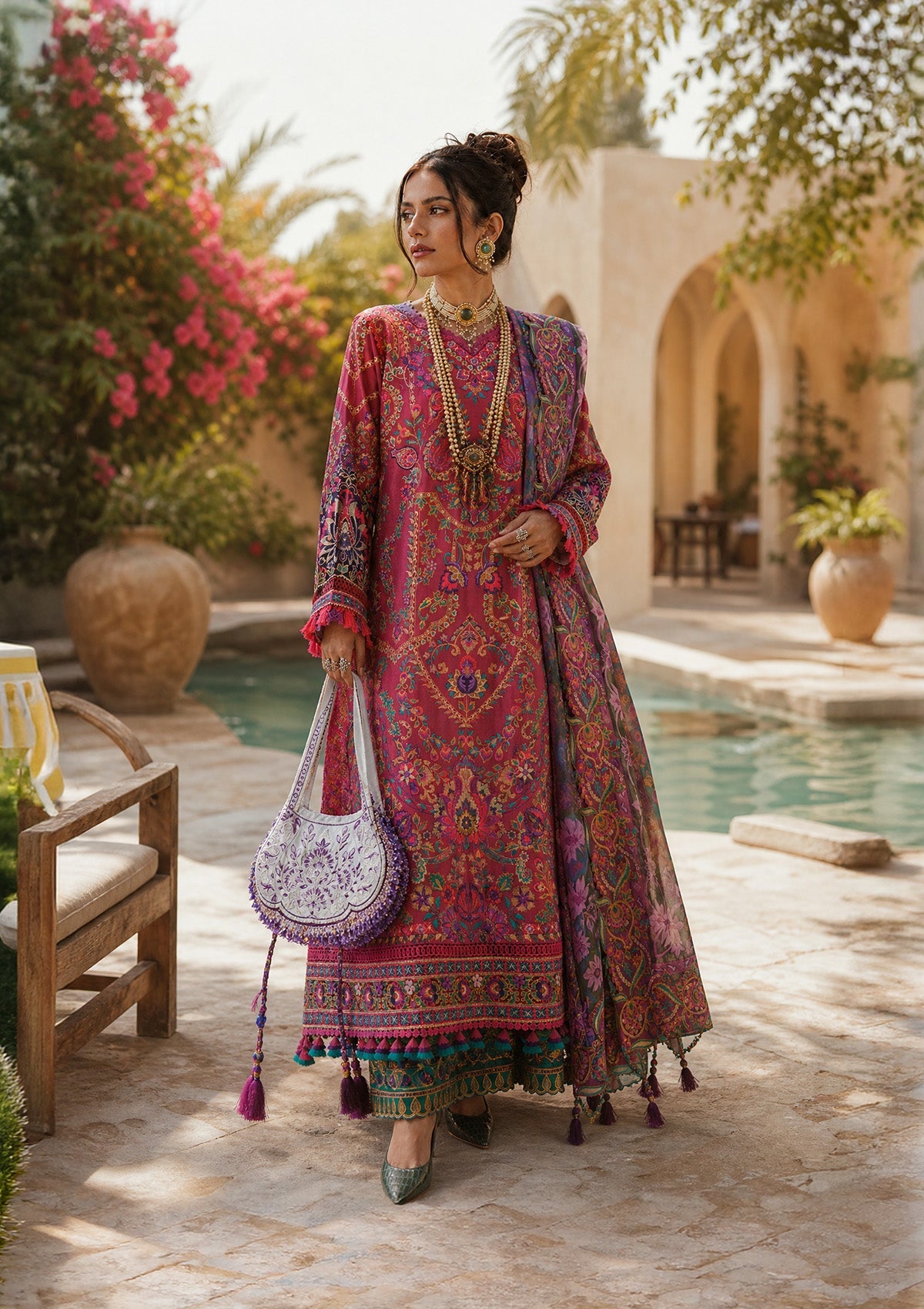 "Mirha Collections Aik Lawn Look A2609 luxury three-piece Pakistani designer suit. Full-length view featuring a vibrant embroidered lawn shirt paired with sleek tailored trousers and a flowing luxury printed dupatta."
