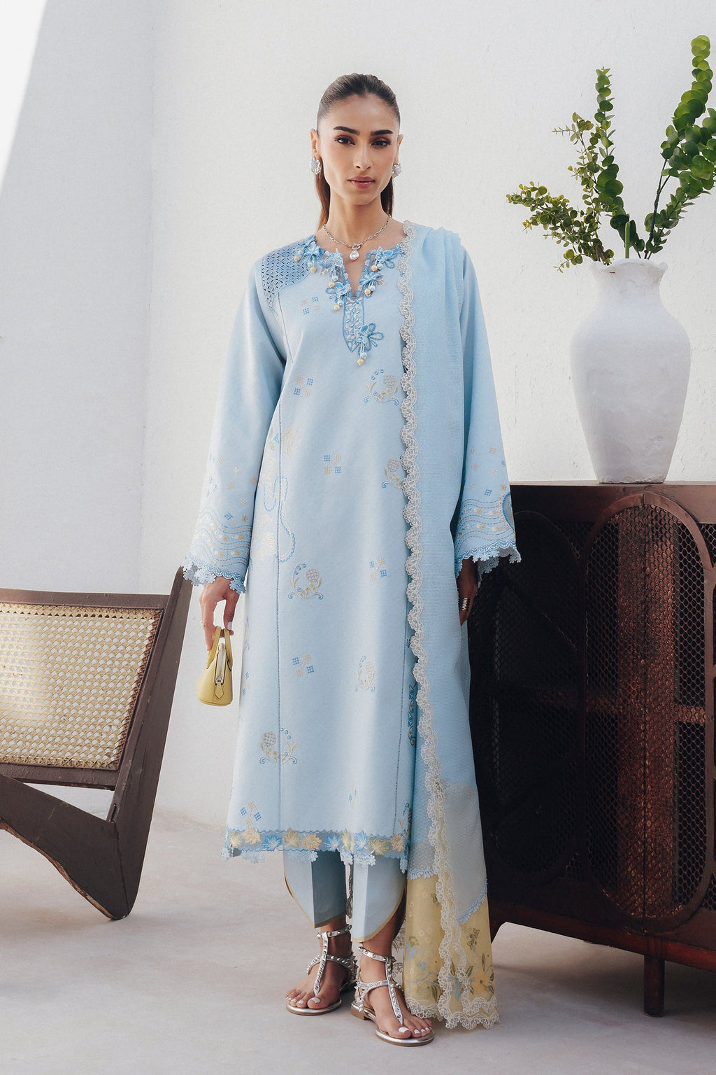 "Mirha Collections Qalamkar QBP-05 MARTA luxury embroidered stitched three-piece suit. Full-length front view featuring tailored shirt, designer dupatta, and trousers."