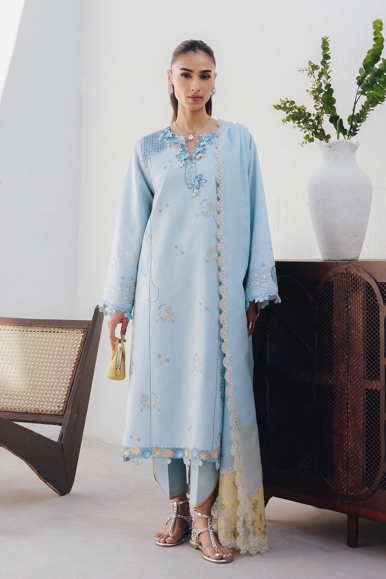 "Mirha Collections Qalamkar QBP-05 MARTA luxury embroidered stitched three-piece suit. Full-length front view featuring tailored shirt, designer dupatta, and trousers."