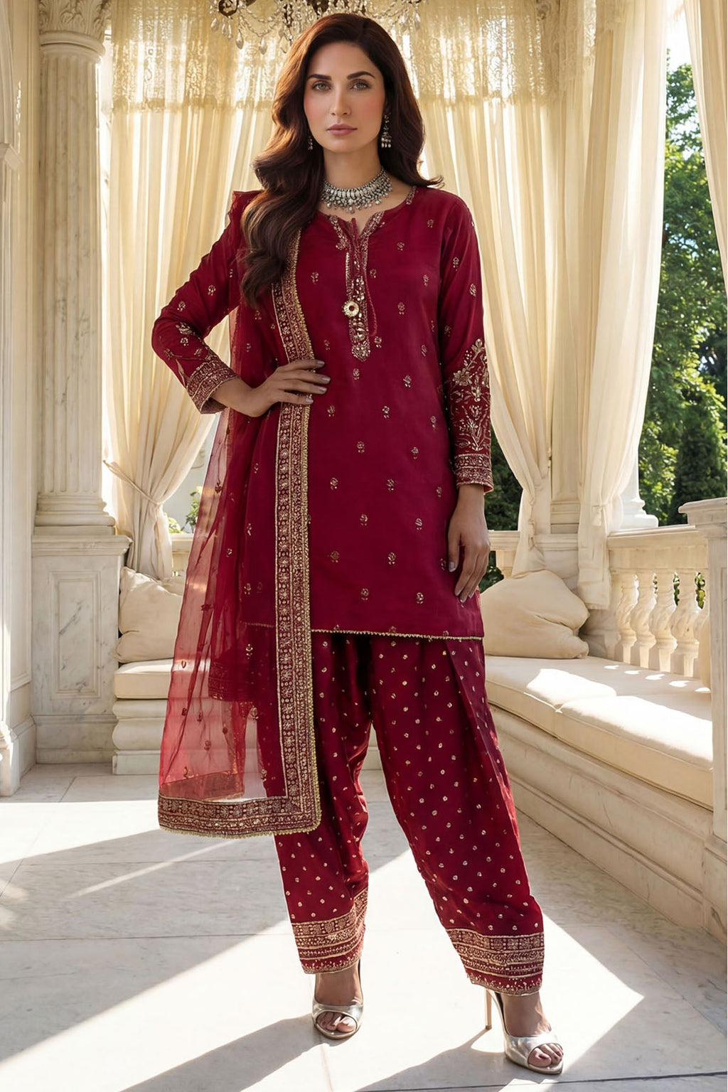 "Mirha Collections Motifz Maisia Embroidered Silk Stitched three-piece designer suit. Full-length presentation featuring a rich tailored silk shirt paired with matching silk trousers and a luxurious embroidered dupatta."