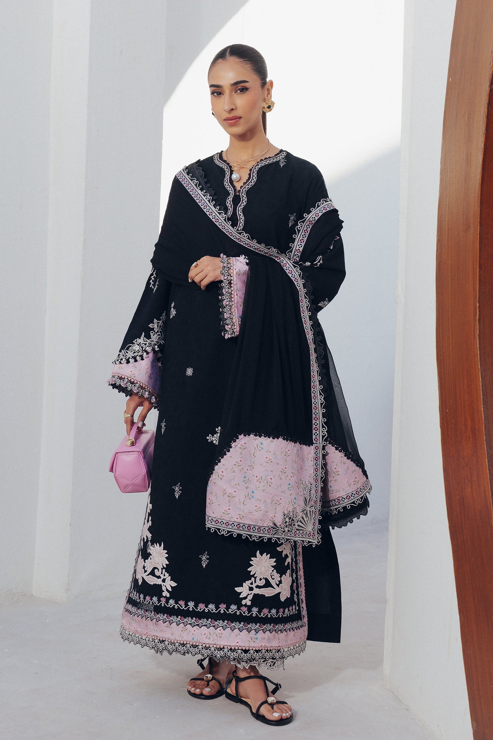 "Mirha Collections Qalamkar QBP-07 DORTE luxury embroidered stitched three-piece suit. Full-length front view featuring tailored shirt, designer dupatta, and trousers."