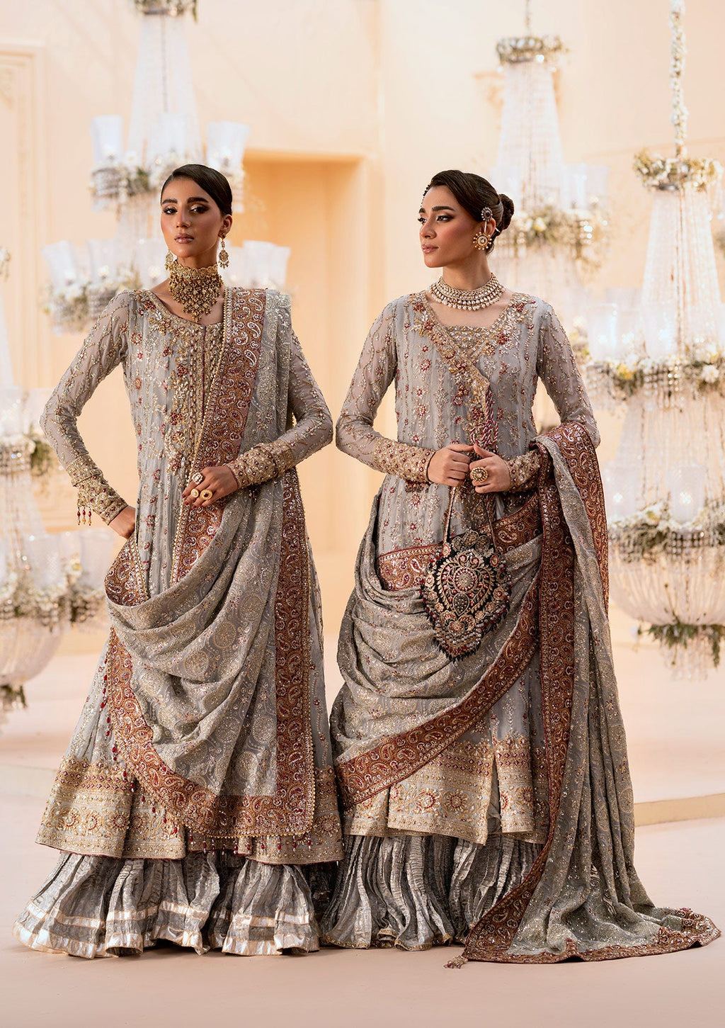 "Mirha Collections Aik Wedding Festive Look A2502 luxury three-piece Pakistani designer suit. Full-length presentation showcasing the heavily embroidered formal shirt elegantly styled with matching premium festive bottoms and a draped luxury dupatta."