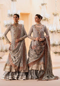 "Mirha Collections Aik Wedding Festive Look A2502 luxury three-piece Pakistani designer suit. Full-length presentation showcasing the heavily embroidered formal shirt elegantly styled with matching premium festive bottoms and a draped luxury dupatta."