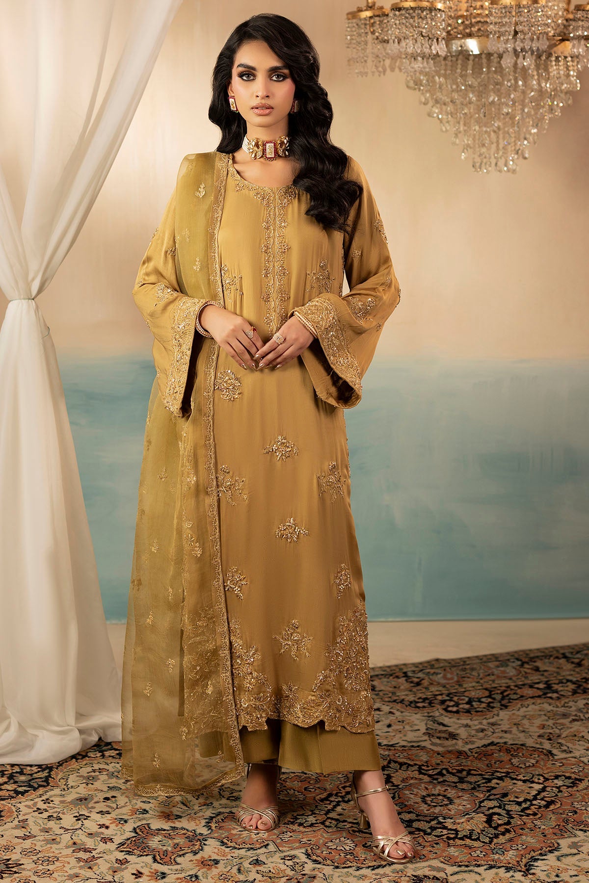 "Mirha Collections Motifz 0072 Rosa hand embellished raw silk stitched three-piece Pakistani designer formal suit. Full-length front view featuring a tailored raw silk shirt, embellished dupatta, and raw silk trousers."