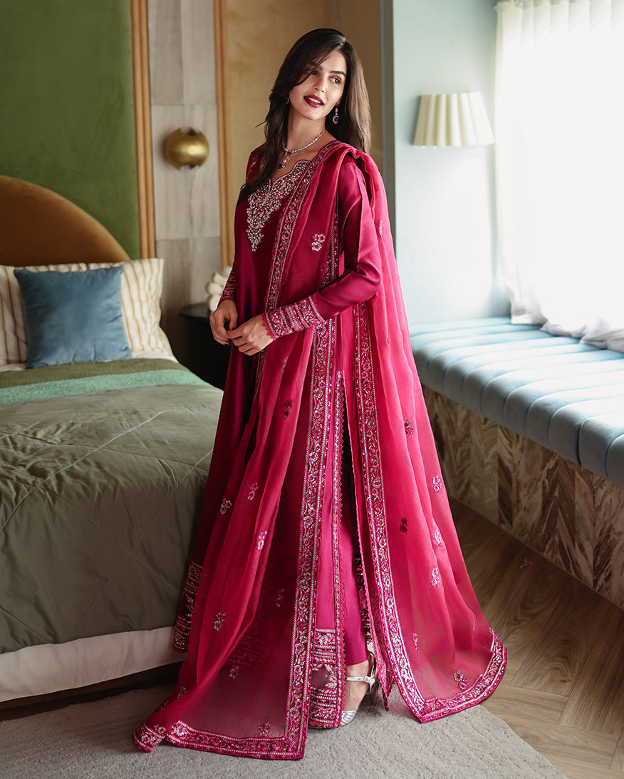 "Close-up detailing on the Mushq Sereen shirt bodice, displaying fine threadwork embroidery, embellished neck finishes, and soft fabric texture."