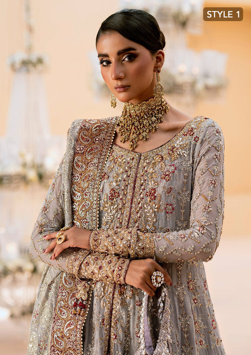 "Close-up premium craftsmanship on Aik Wedding Festive Look A2502 dress, highlighting the intricate traditional Ada hand embellishments, delicate threadwork layouts, and shimmering metallic details across the neckline."