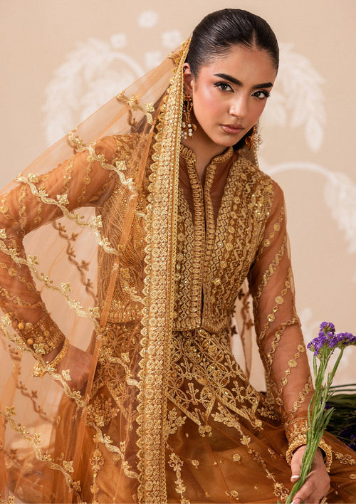 "Close-up detailing on the Aik Shaam Look B2603 bodice, highlighting intricate tilla embroidery, shimmering sequins, and fine hand-placed Ada embellishments along the neckline."