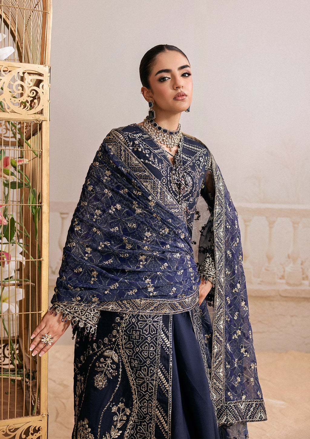 "Close-up detailing on the Aik Shaam Look B2604 bodice, highlighting intricate tilla embroidery, shimmering sequins, and fine hand-placed Ada embellishments along the neckline."