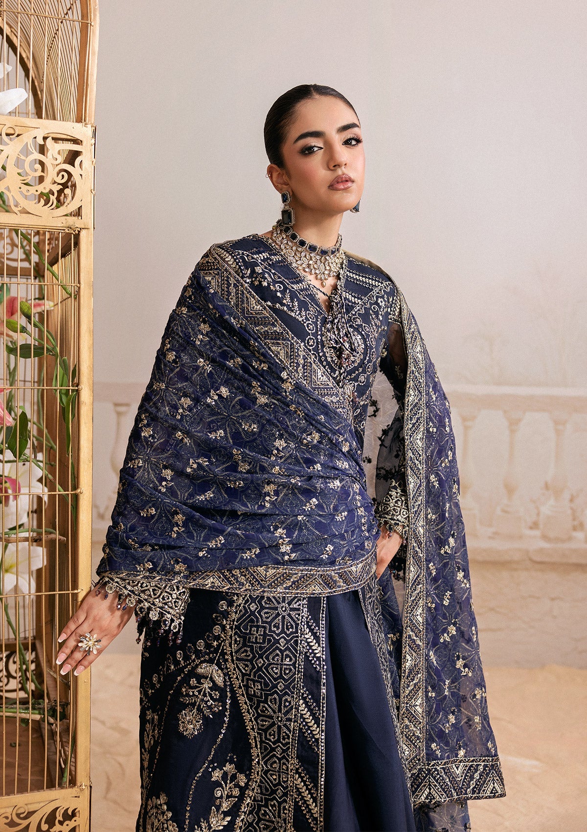 "Close-up detailing on the Aik Shaam Look B2604 bodice, highlighting intricate tilla embroidery, shimmering sequins, and fine hand-placed Ada embellishments along the neckline."