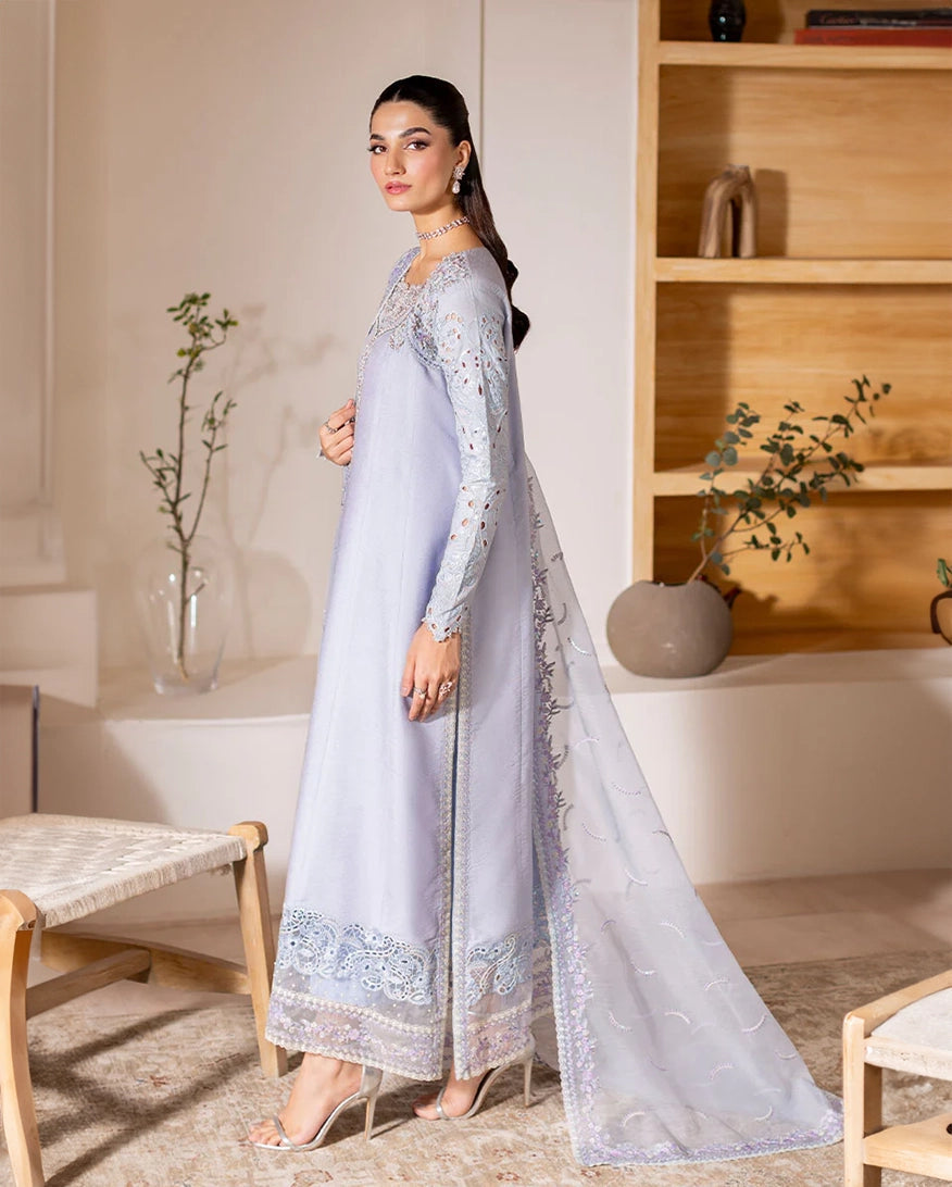 "Detailed drape view of the fluid luxury embroidered dupatta paired with the Mushq Verve formal suit from Mirha Collections."