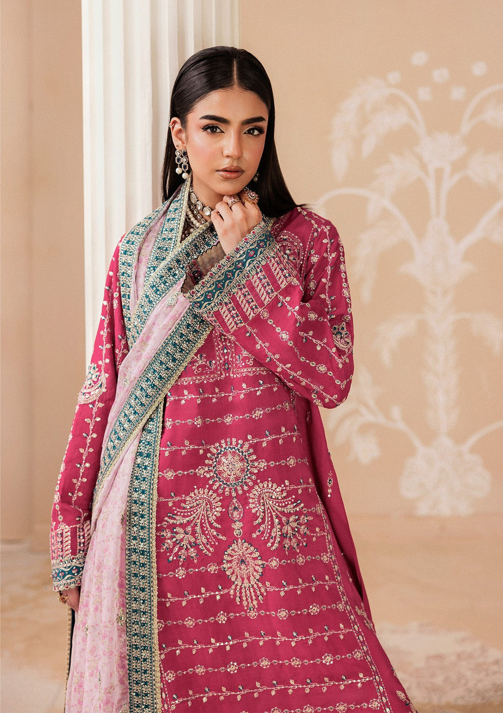 "Close-up detailing on the Aik Shaam Look B2606 bodice, highlighting intricate tilla embroidery, shimmering sequins, and fine hand-placed Ada embellishments along the neckline."