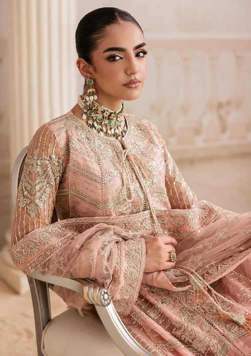 "Close-up detailing on the Aik Shaam Look B2605 bodice, highlighting intricate tilla embroidery, shimmering sequins, and fine hand-placed Ada embellishments along the neckline."