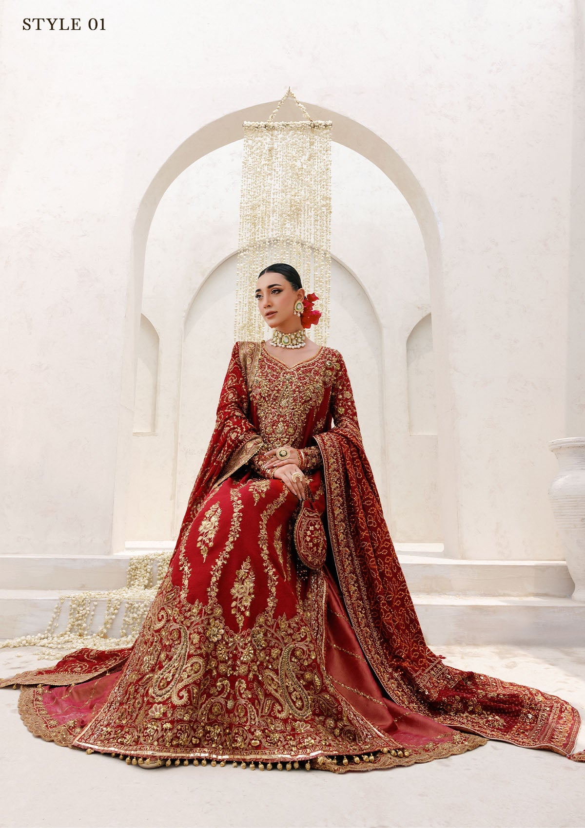"Detailed view of the luxury embroidered dupatta from the Aik Wedding Festive B2501 collection, emphasizing the soft translucent drape, striking embroidery sprays, and clean scalloped edge border details."