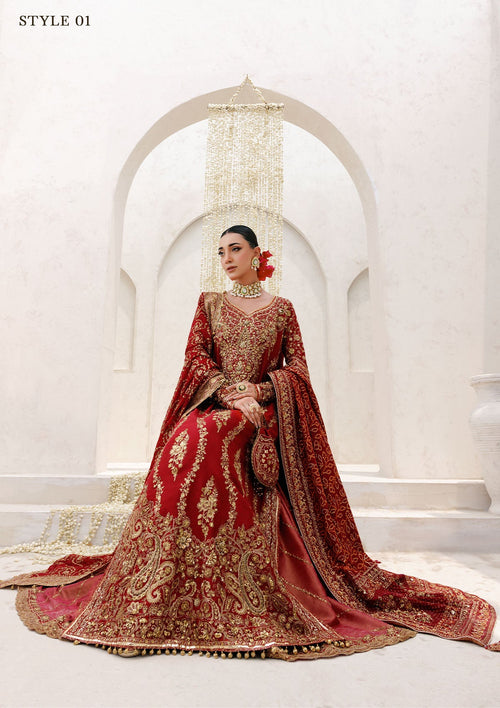 "Detailed view of the luxury embroidered dupatta from the Aik Wedding Festive B2501 collection, emphasizing the soft translucent drape, striking embroidery sprays, and clean scalloped edge border details."