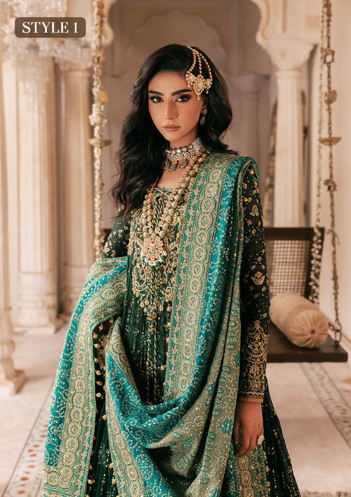 "Close-up premium craftsmanship on Aik Wedding Festive Look A2604 dress, highlighting the intricate traditional Ada hand embellishments, sparkling crystal beadwork, and dense tilla layout along the neckline and front panels."