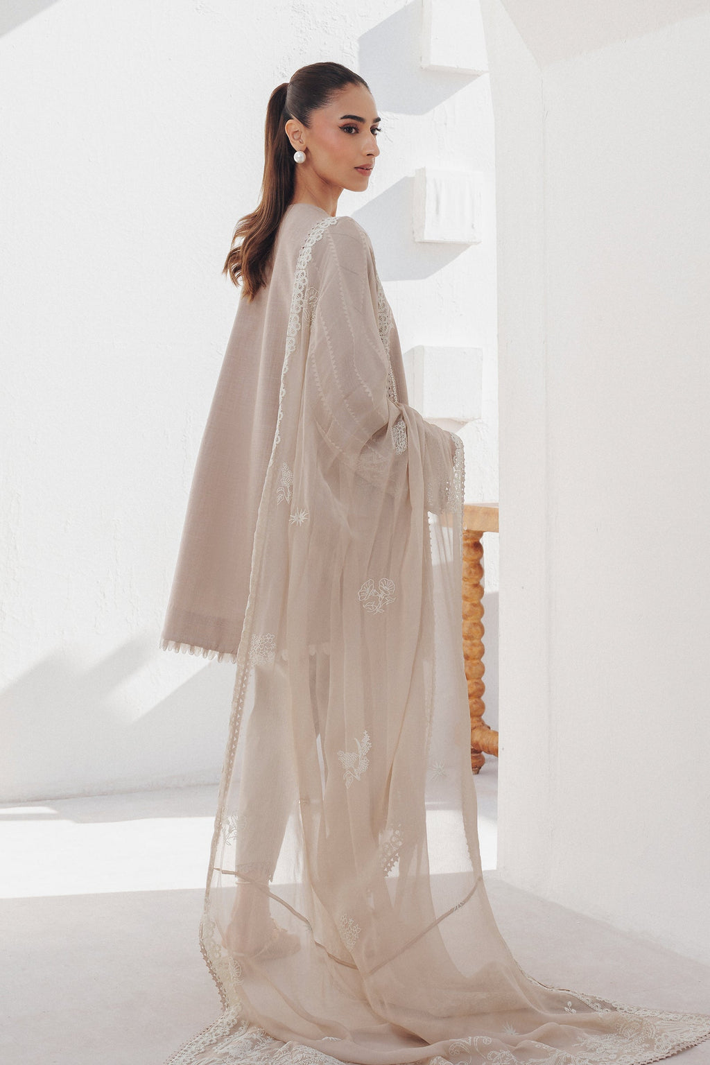 "Detailed drape view of the fluid luxury embroidered dupatta paired with the Qalamkar QBP-08 ELKE formal suit from Mirha Collections."