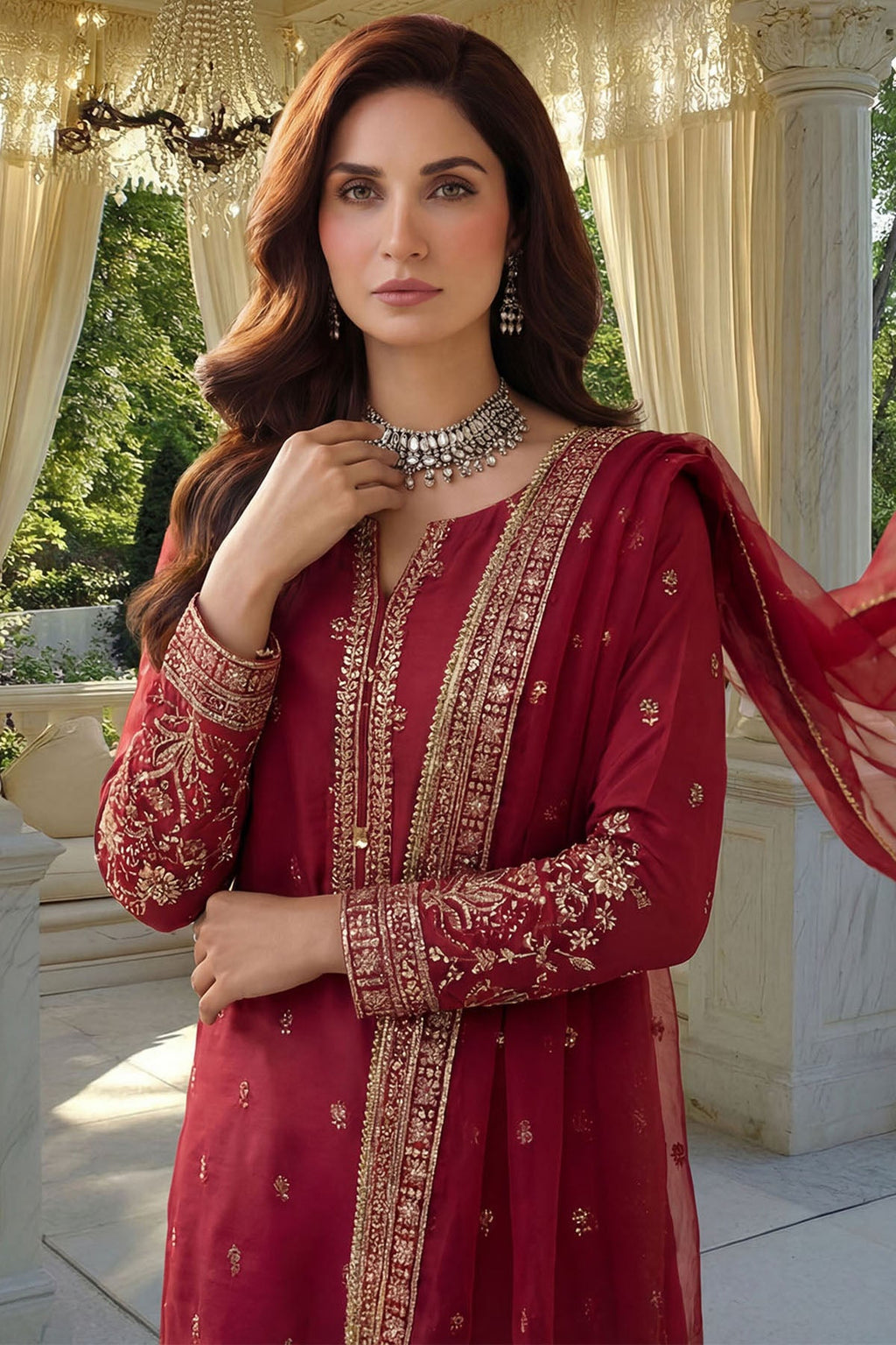 "Close-up detailing on the Motifz Maisia Stitched silk bodice, highlighting intricate threadwork embroidery, delicate tilla accents, and refined neckline finishes."