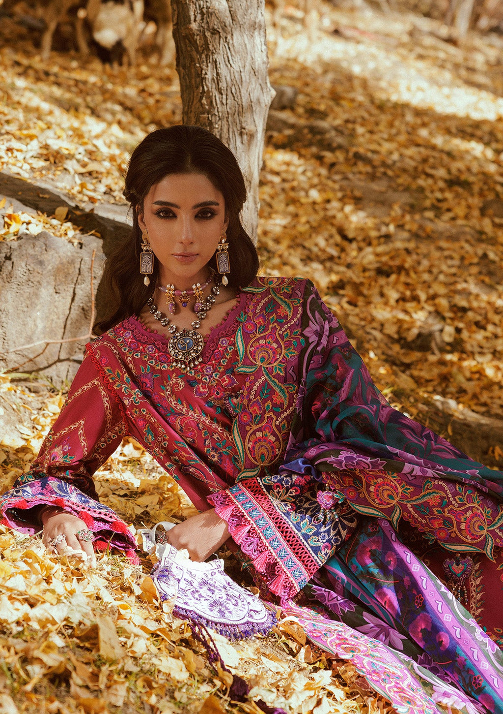 "Close-up detailing on the Aik Lawn Look A2609 shirt, showcasing intricate threadwork embroidery, schiffli cutwork details, and fine neckline finishes."