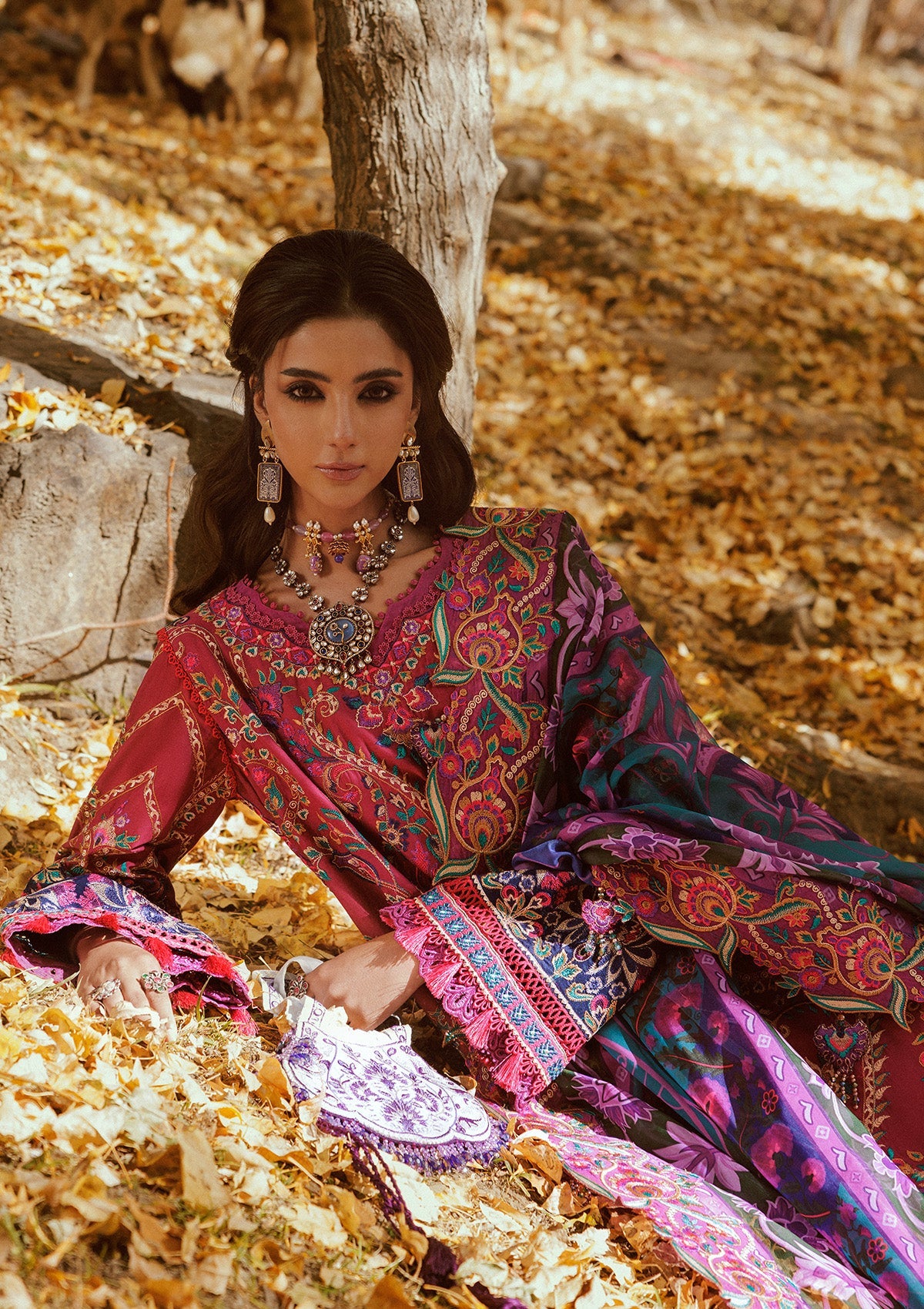 "Close-up detailing on the Aik Lawn Look A2609 shirt, showcasing intricate threadwork embroidery, schiffli cutwork details, and fine neckline finishes."
