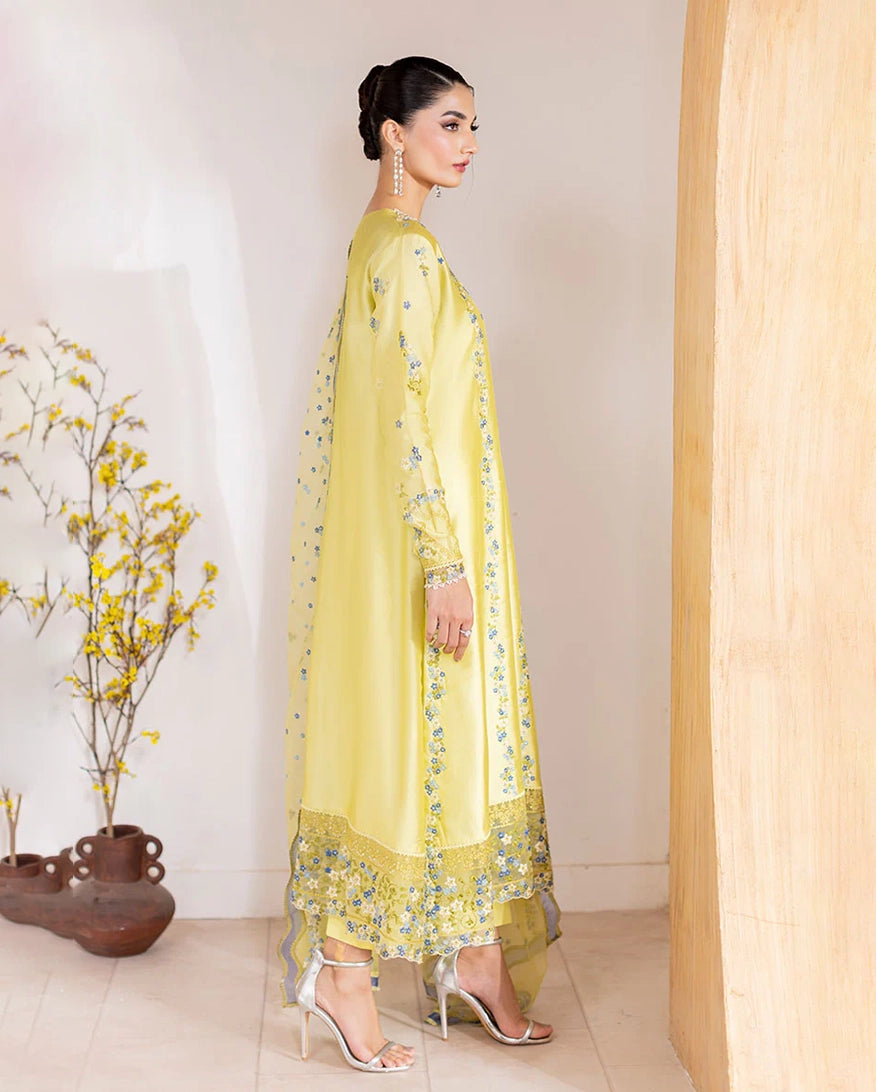 "Detailed drape view of the fluid luxury embroidered dupatta paired with the Mushq Lumiere formal suit from Mirha Collections."