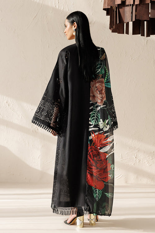 "Lower frame and sleeve profile view of Embroidered Lawn UF-4521, focusing on multi-layered embroidered organza patch borders, neat lace insertions, and tailored cuff finishes."