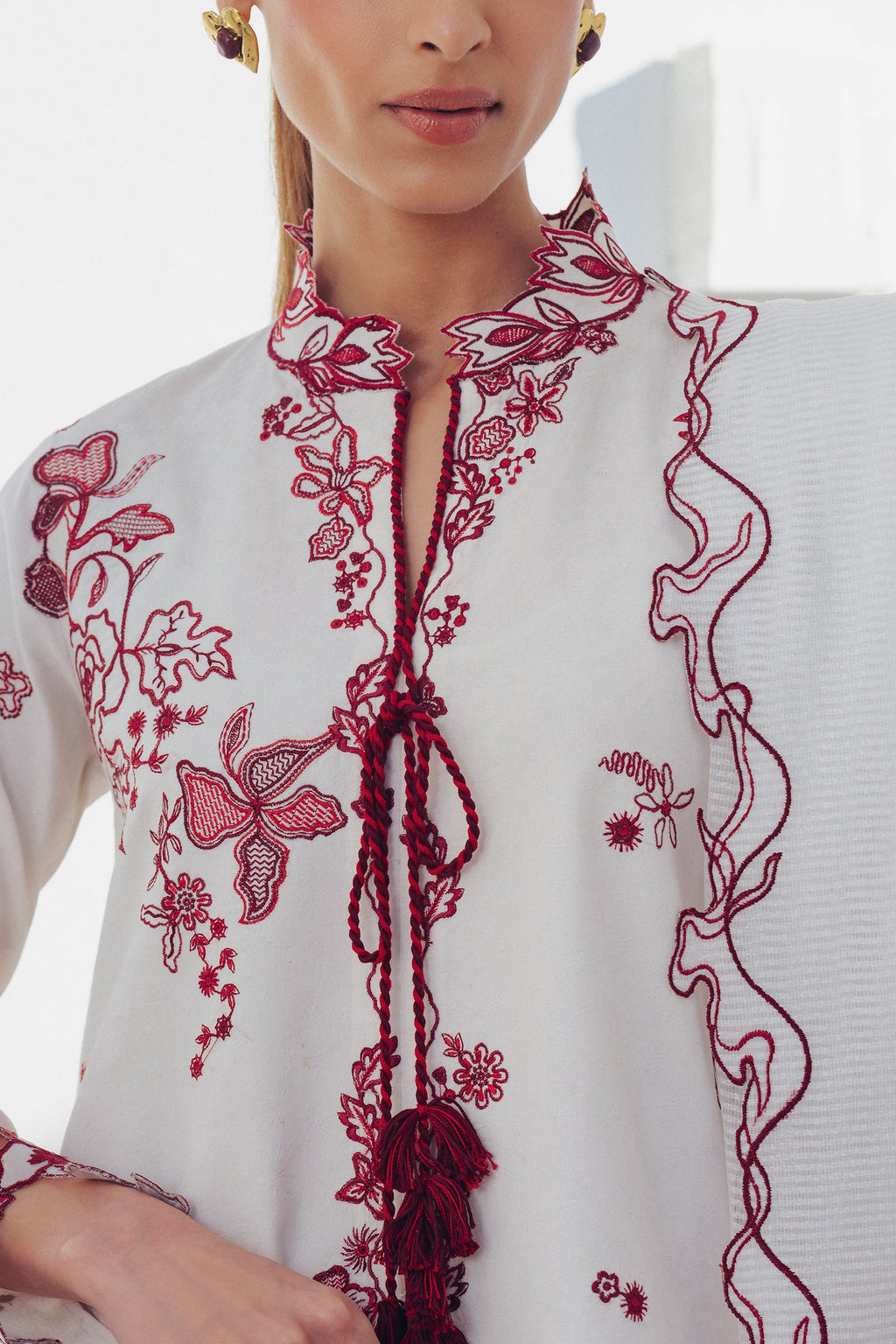 "Close-up detailing on the Qalamkar QBP-01 ALBA shirt bodice, displaying fine threadwork embroidery, embellished neck finishes, and soft fabric texture."