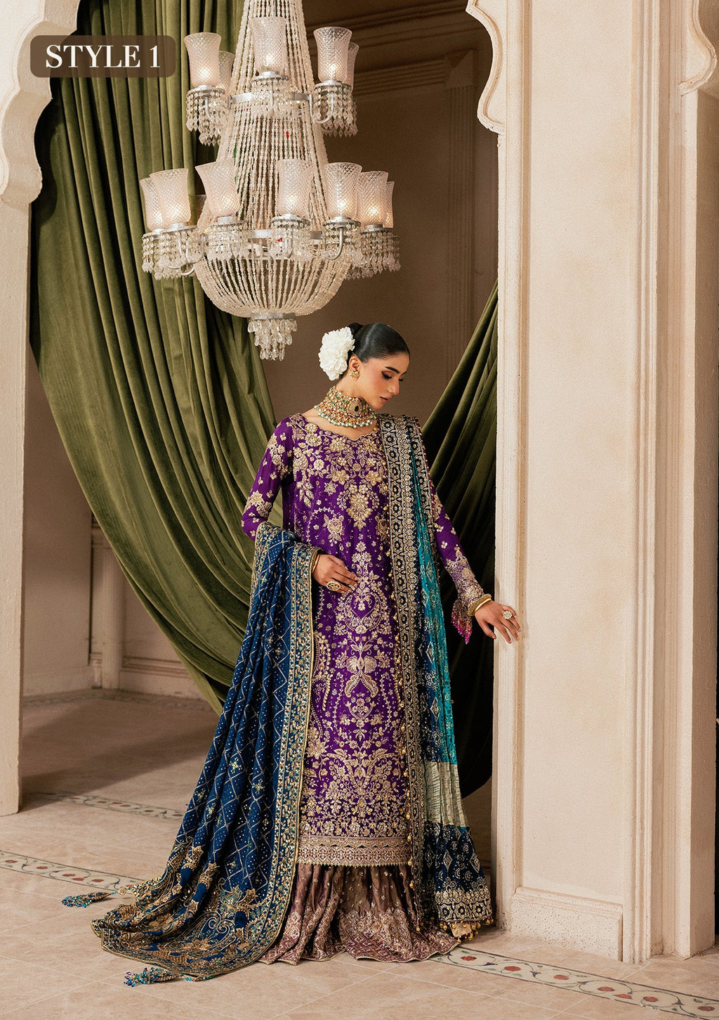 "Detailed view of the luxury medium silk dupatta from the Wedding Festive A2601 collection, emphasizing the premium soft fluid drape, striking embroidered motifs, and neatly stitched silk border panels."