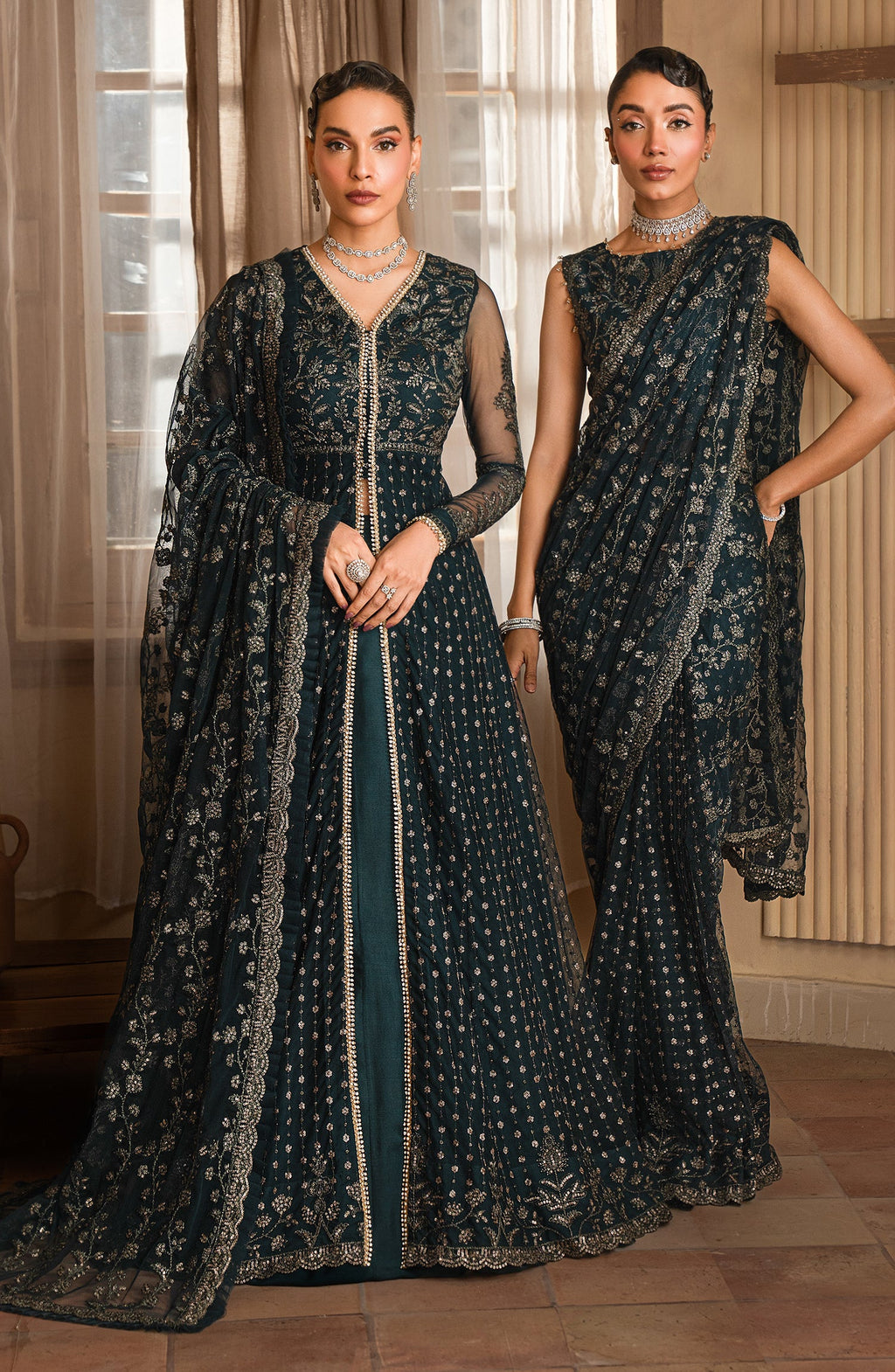 "Detailed drape view of the fluid embroidered dupatta paired with the Zarif ZEF 01 ORNA luxury ensemble from Mirha Collections."