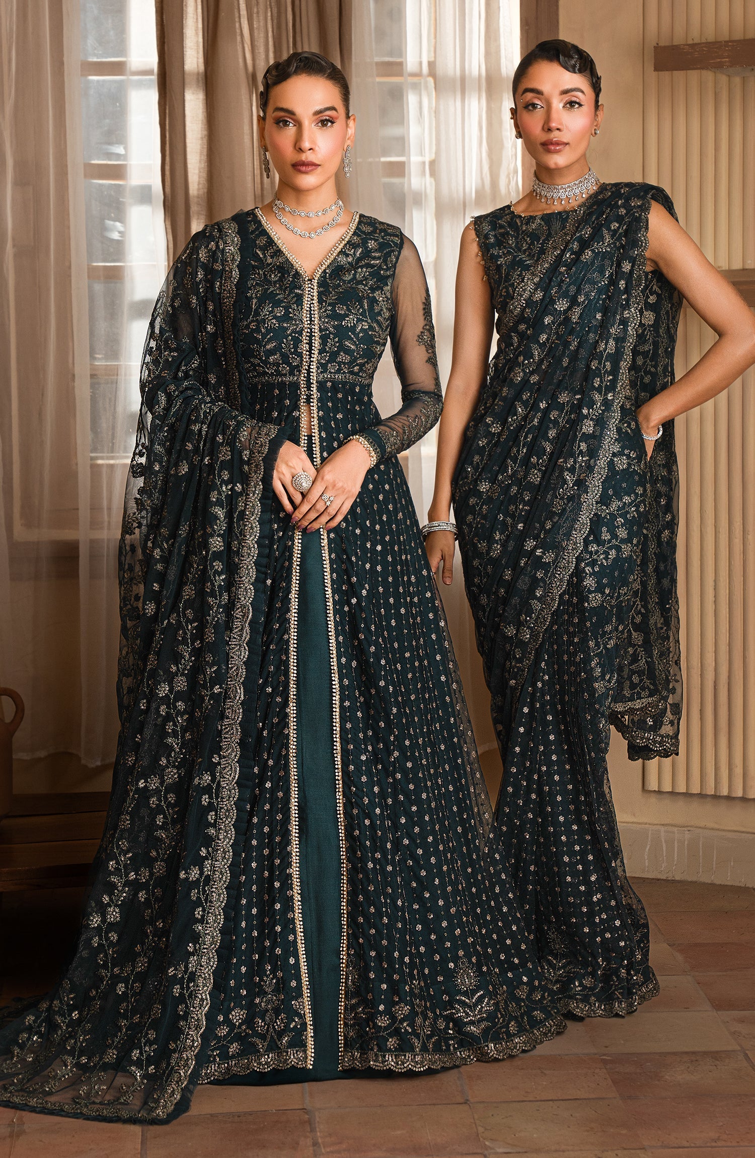 "Detailed drape view of the fluid embroidered dupatta paired with the Zarif ZEF 01 ORNA luxury ensemble from Mirha Collections."