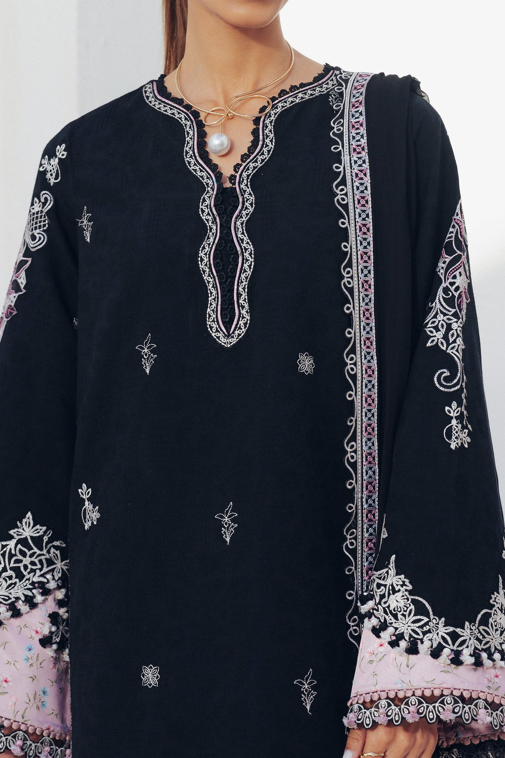 "Close-up detailing on the Qalamkar QBP-07 DORTE shirt bodice, displaying fine threadwork embroidery, embellished neck finishes, and soft fabric texture."