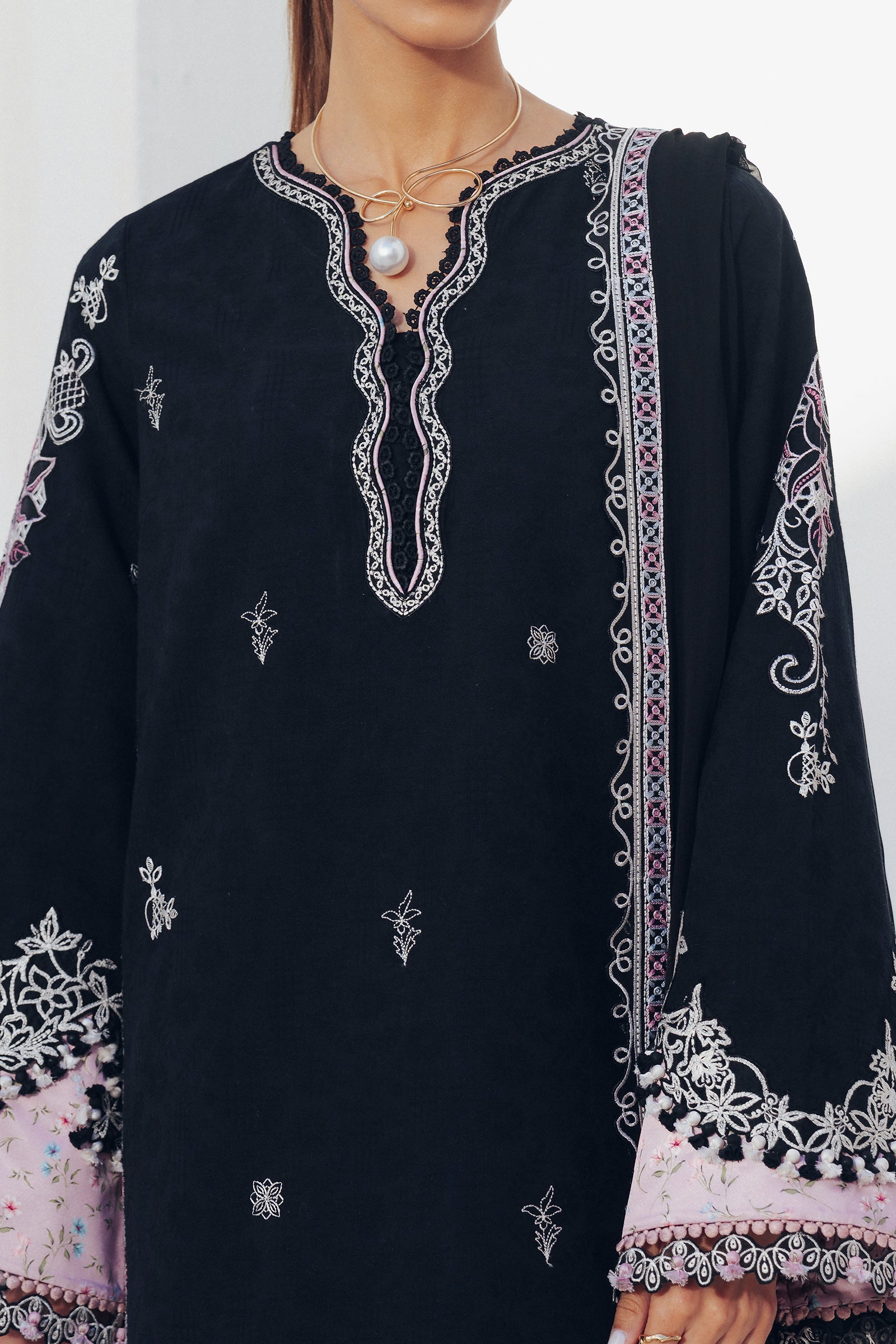 "Close-up detailing on the Qalamkar QBP-07 DORTE shirt bodice, displaying fine threadwork embroidery, embellished neck finishes, and soft fabric texture."