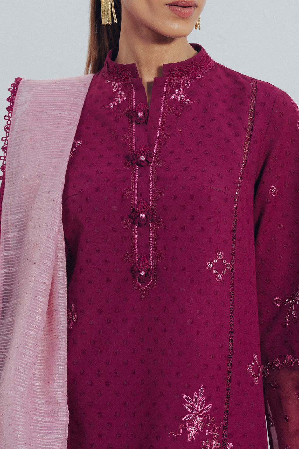 "Detailed drape view of the fluid luxury embroidered dupatta paired with the Qalamkar QBP-04 LIVIA formal suit from Mirha Collections."