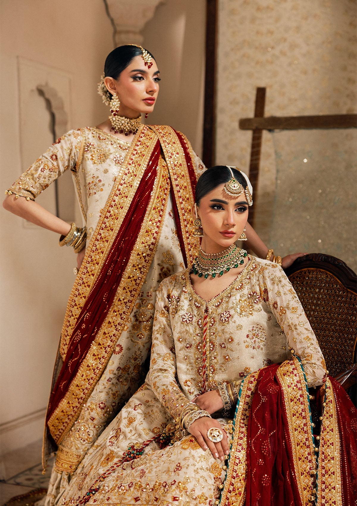 "Detailed view of the luxury embroidered dupatta from the Aik Wedding Festive A2603 collection, emphasizing the premium translucent drape, striking embroidery sprays, and neatly attached border extensions."