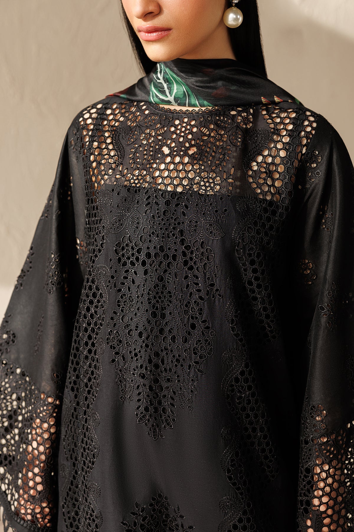 "Close-up detailing on Embroidered Lawn UF-4521 dress, highlighting fine threadwork embroidery layouts, schiffli cutwork accents, and delicate neckline finishes."