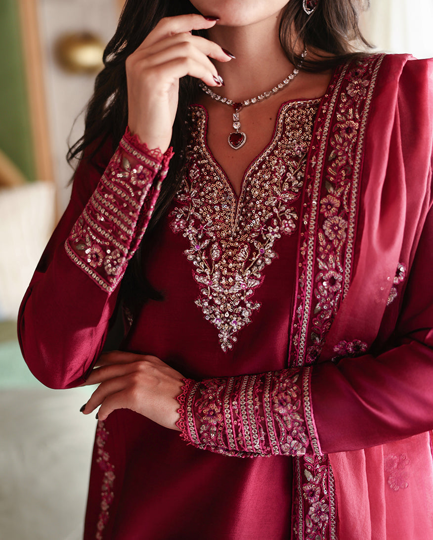 "Detailed drape view of the fluid luxury embroidered dupatta paired with the Mushq Sereen formal suit from Mirha Collections."